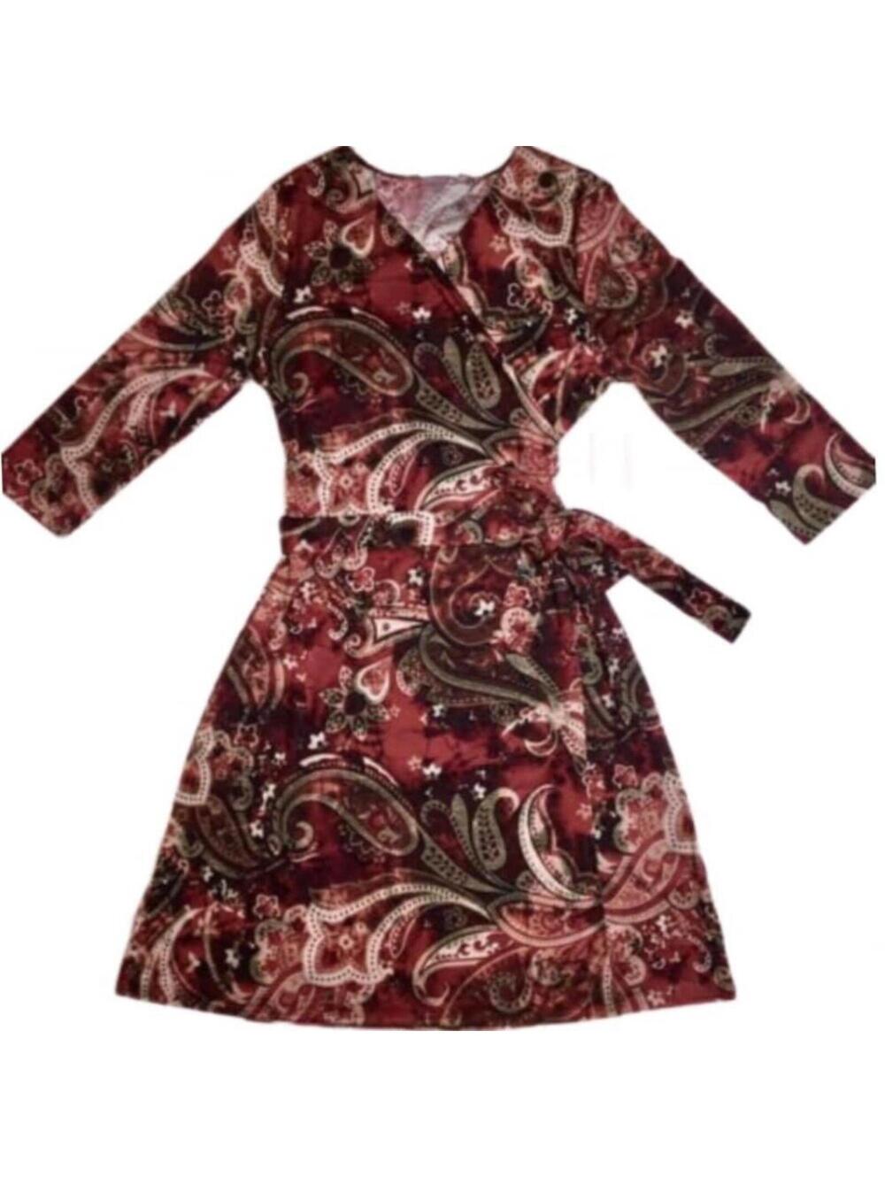 NEW L LuLaRoe Michelle True Wrap Dress Deep Red Paisley Floral 3/4 Sleeve 90s